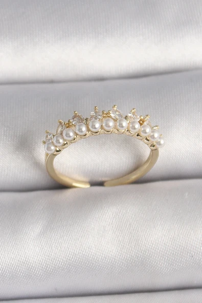 HEYF Pirinç Gold Renk Zirkon Taşlı İncili Taç Model Ayarlanabilir Kadın Yüzük ürün görseli 1