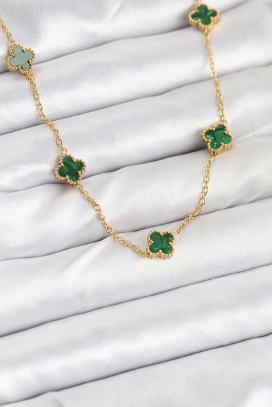 HEYF 316L Çelik Zincir Gold Renk Yeşil Baby Boy Yonca Kadın Kolye ürün görseli 1