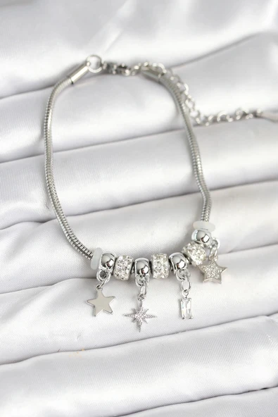 HEYF Pirinç Gümüş Renk Kutup Yıldızı Charmlı Kadın Bileklik ürün görseli 1