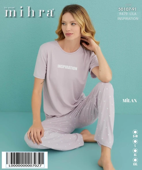 Mihra Kadın Bisiklet Yaka MİLAN Likralı Kısa Kol Pijama Takımı 50107/91- 1 Adet  XL Lila - Resim 2