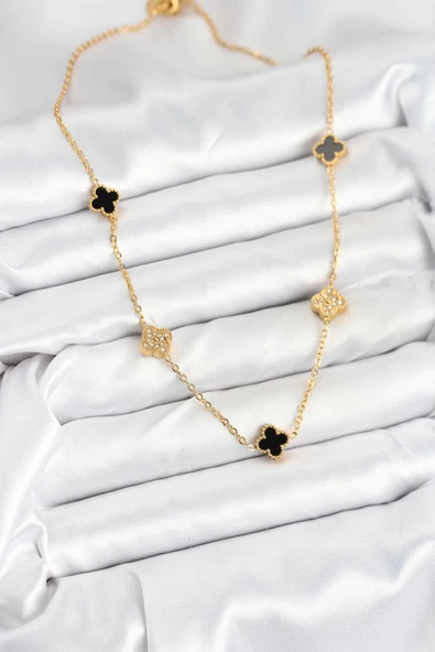 HEYF 316L Çelik Zincir Gold Renk Siyah ve Zirkon Taşlı Baby Boy Yonca Kadın Kolye - Resim 2