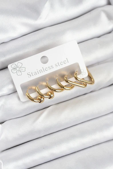 HEYF 316L Çelik Gold Renk Kadın Küpe Seti ürün görseli 1