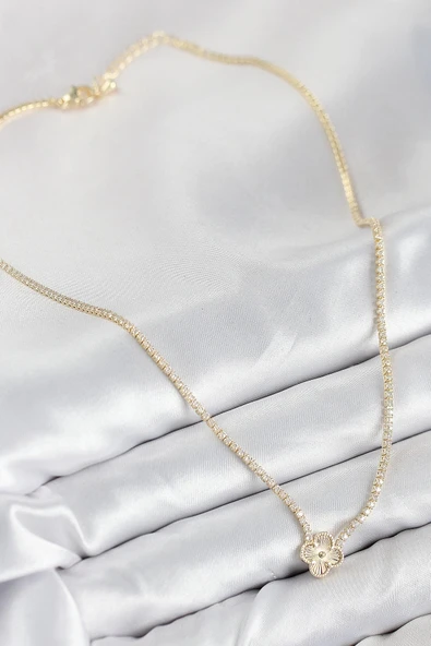 HEYF Pirinç Zirkon Taşlı Yonca Model Gold Renk Kadın Kolye - Resim 2