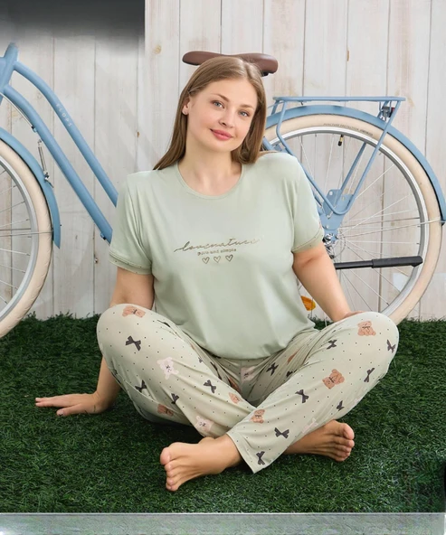 Pijamoni Kadın Milan Büyük Beden Bisiklet Yaka Kısa Kol İnce Pijama Takımı 7665/20 - 1 Adet  Yeşil 3XL ürün görseli