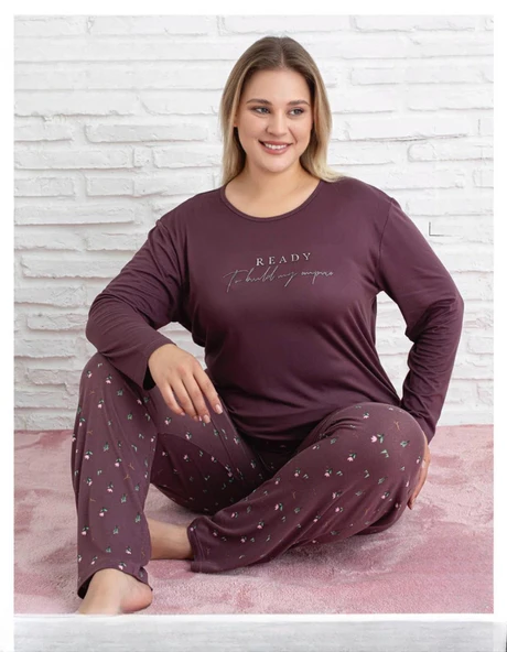 Pijamoni Kadın Milan Büyük Beden Bisiklet Yaka Uzun Kol İnce Pijama Takımı 7666/31 - 1 Adet  Mürdüm 3XL ürün görseli