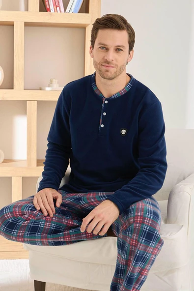 Pijamoni Erkek Düğme Yaka Kışlık Polar Pijama Takımı 6100/6,1 - 1 Adet  M Lacivert ürün görseli