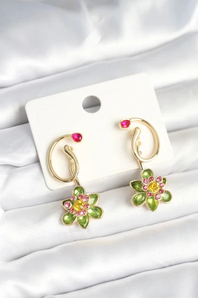 HEYF Pirinç Gold Renk Zirkon Taşlı Çiçek Model Kadın Küpe ürün görseli 1