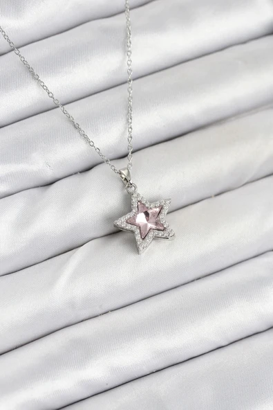 HEYF 316L Çelik Zincir Gümüş Renk Pembe Taşlı Yıldız Model Kadın Kolye ürün görseli 1
