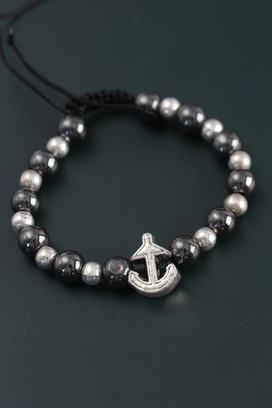 HEYF Doğal Taş Çapa Model Gümüş Ve Füme Renk Asansörlü Erkek Bileklik - Resim 2