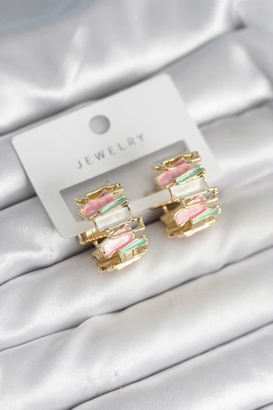 HEYF Mineli Karışık Renkli Gold Pirinç Kadın Küpe ürün görseli 1