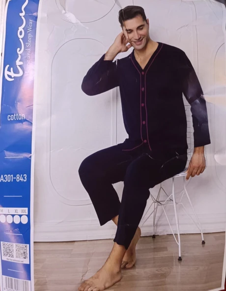 Sude Ercan Erkek Önden Düğmeli Uzun Kol İnce Pijama Takımı A301-843 - 1 Adet  Lacivert 2XL ürün görseli