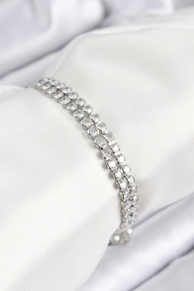 HEYF Pirinç Zirkon Taşlı Çift Sıra Model Gümüş Renk Asansörlü Kadın Bileklik ürün görseli 1