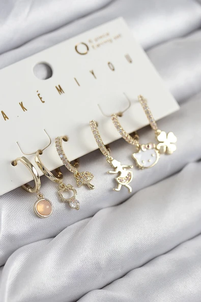 HEYF Pirinç Zirkon Taşlı Hello Kity Ve Yonca Model Gold Renk 6'lı Küpe Set ürün görseli 1