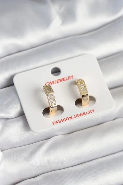 HEYF Pirinç Gold Renk Zirkon Taşlı Altıgen Kadın Küpe ürün görseli 1