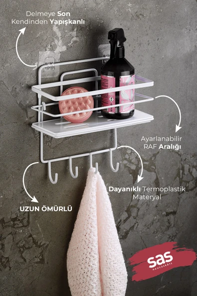 4 Kancalı Yapışkanlı Ayarlanabilir Banyo Duş Rafı – Paslanmaz Kristal Şampuanlık (Yapıştır/Vidala) Beyaz - LŞ-01 - BBBK - Resim 2
