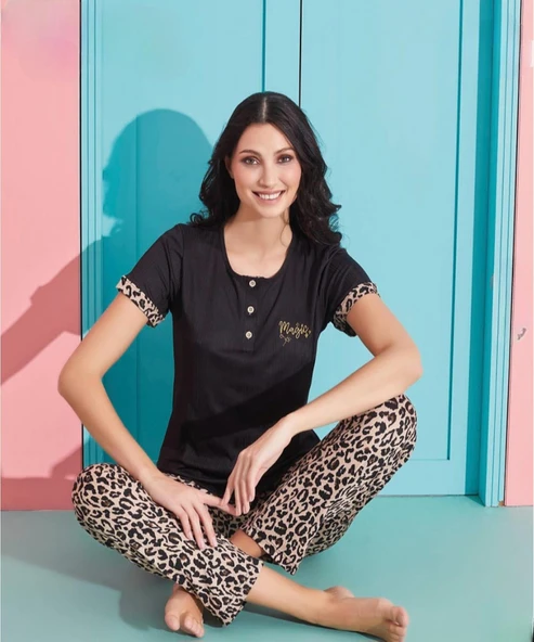 Pijamoni Kadın Viskoz Likralı Düğme Yaka Kaşkorse Patlı Kısa Kol Pijama Takımı 5520-1 / 1 Adet  Siyah 2XL ürün görseli