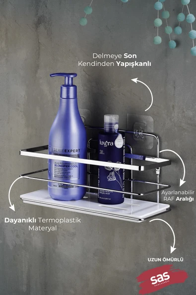 Yapışkanlı Ayarlanabilir Tekli Banyo Duş Rafı – Paslanmaz Kristal Şampuanlık, Banyo Düzenleyici (Yapıştır/Vidala) Krom-Beyaz - LŞ-01 - KB - Resim 2