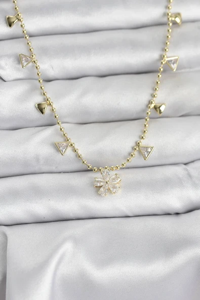 HEYF Pirinç Gold Renk Zirkon Taşlı Çiçek Model Kadın Kolye ürün görseli 1