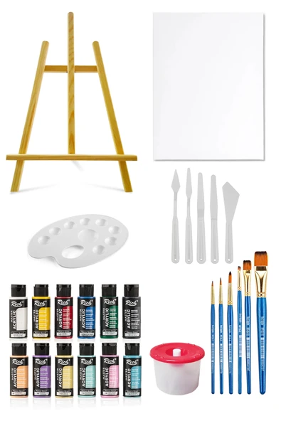 Mastermix Akrilik Boya Seti 6 Ana Renk 6 Pastel Renk Masaüstü Şövale Tuval Seti 35x50 Plastik Spatül ürün görseli