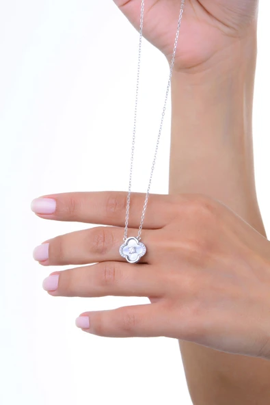 Gümüş rodyumlu zirkon ve sedef taşlı ortası tektaş detaylı yonca kolye SGTL12964RODAJ - Resim 2