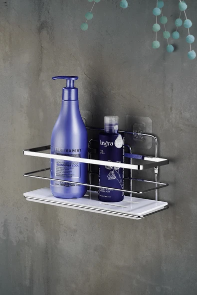 Yapışkanlı Ayarlanabilir Tekli Banyo Duş Rafı – Paslanmaz Kristal Şampuanlık, Banyo Düzenleyici (Yapıştır/Vidala) Krom-Beyaz - LŞ-01 - KB - Resim 5