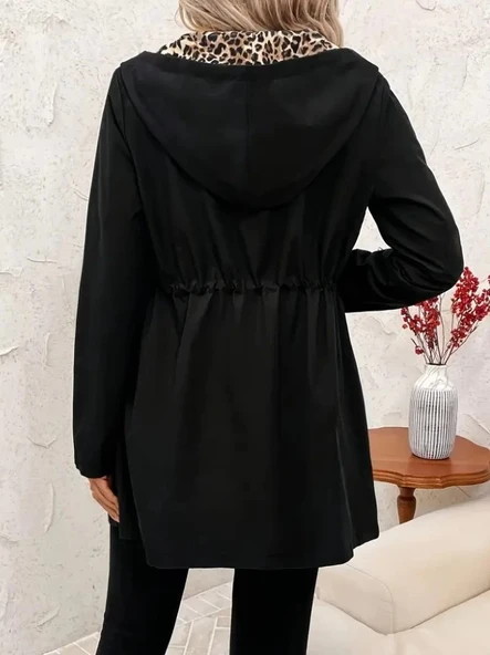 MDB Kadın Uzun Kollu Kapşonlu çift Taraflı Cepli Bağcıklı Fermuarlı Viskon Iki Iplik Ceket - Resim 3