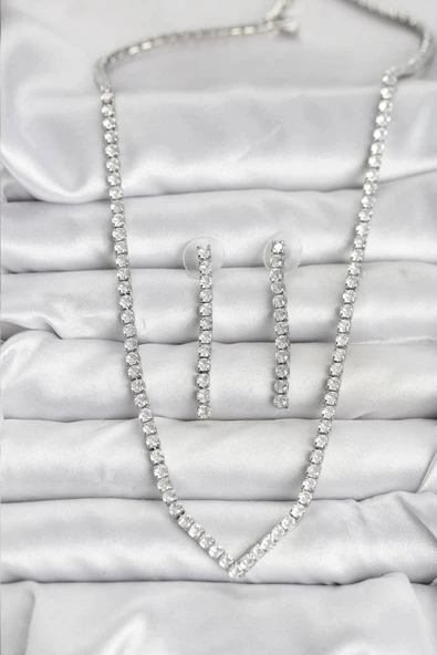 HEYF Gümüş Renk Zirkon Taşlı Kadın Kolye Küpe Seti ürün görseli 1