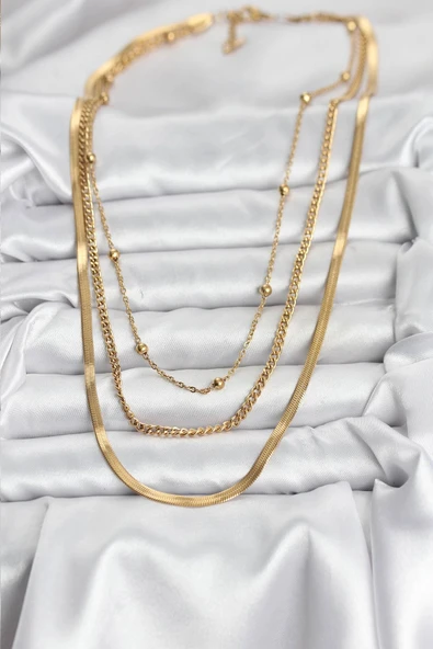 HEYF 316L Çelik Gold Renk 3'lü Kadın Kolye - Resim 2