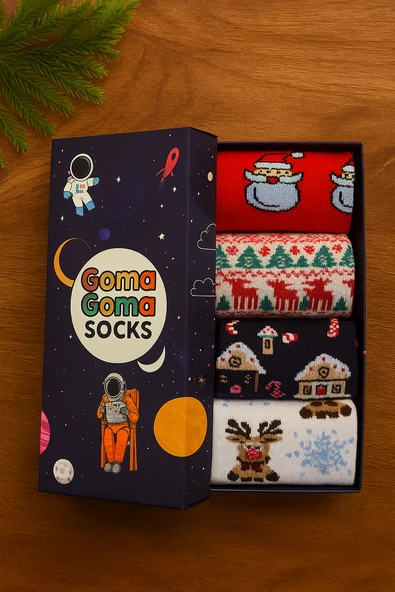 Goma Goma Socks Geyik, Kurabiye ve Kardan Adam Desenli 4’lü Yılbaşı Çorap Seti - Resim 2