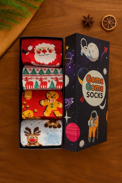 Goma Goma Socks Noel Baba, Geyik ve Zencefilli Adam Desenli 4’lü Yılbaşı Çorap Seti - Resim 2