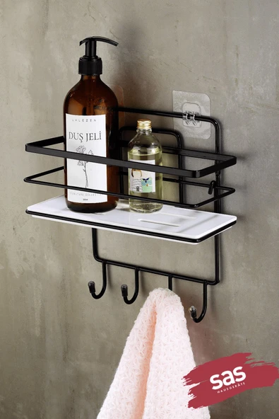 4 Kancalı Yapışkanlı Ayarlanabilir Banyo Duş Rafı – Paslanmaz Kristal Şampuanlık (Yapıştır/Vidala) Siyah-Beyaz - LŞ-01 - SBSK ürün görseli