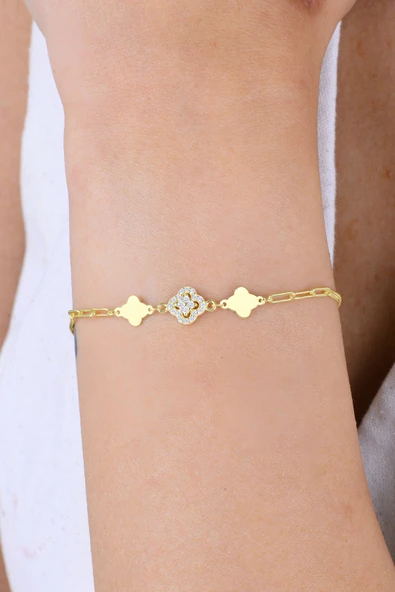 Gümüş altın yaldızlı zirkon taşlı ataç zincir detaylı yonca modeli bileklik SGTL12918GOLD - Resim 3