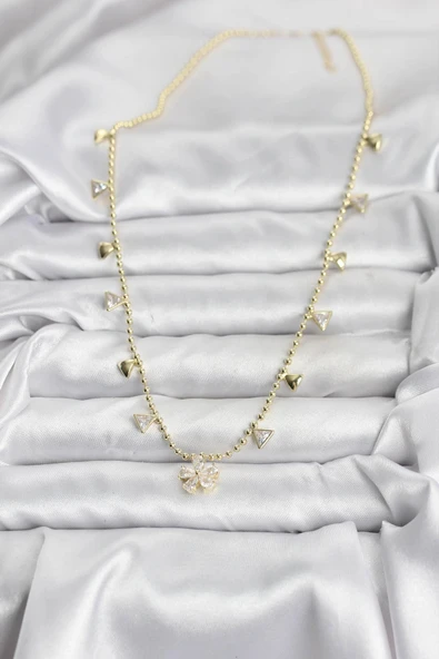 HEYF Pirinç Gold Renk Zirkon Taşlı Çiçek Model Kadın Kolye - Resim 2