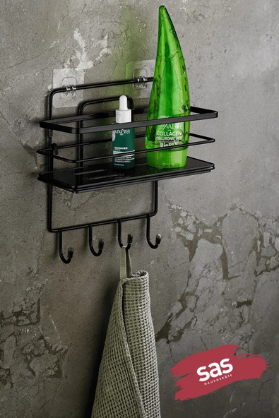 4 Kancalı Yapışkanlı Ayarlanabilir Banyo Duş Rafı – Paslanmaz Kristal Şampuanlık (Yapıştır/Vidala) Siyah - LŞ-01 - SSSK ürün görseli