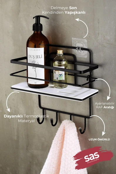 4 Kancalı Yapışkanlı Ayarlanabilir Banyo Duş Rafı – Paslanmaz Kristal Şampuanlık (Yapıştır/Vidala) Siyah-Beyaz - LŞ-01 - SBSK - Resim 2