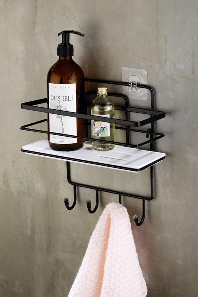 4 Kancalı Yapışkanlı Ayarlanabilir Banyo Duş Rafı – Paslanmaz Kristal Şampuanlık (Yapıştır/Vidala) Siyah-Beyaz - LŞ-01 - SBSK - Resim 4
