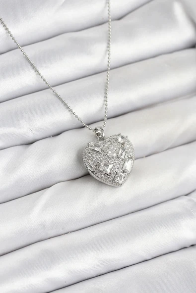 HEYF 316L Çelik Zincir Gümüş Zirkon Taşlı Kalpli Kadın Kolye ürün görseli 1