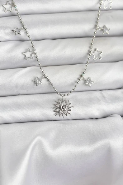 HEYF Pirinç Gümüş Renk Güneş Model Kadın Kolye ürün görseli 1