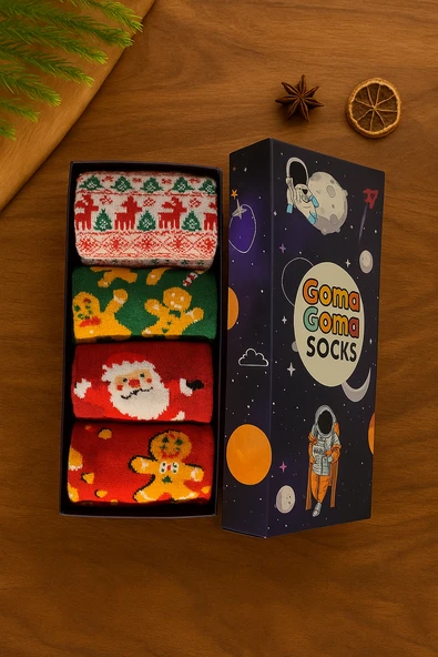 Goma Goma Socks Santa Claus ve Noel Desenli Renkli 4’lü Yılbaşı Çorap Seti - Resim 2