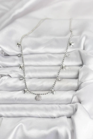 HEYF Pirinç Gümüş Renk Zirkon Taşlı Deniz Kabuğu Model Kadın Kolye - Resim 2