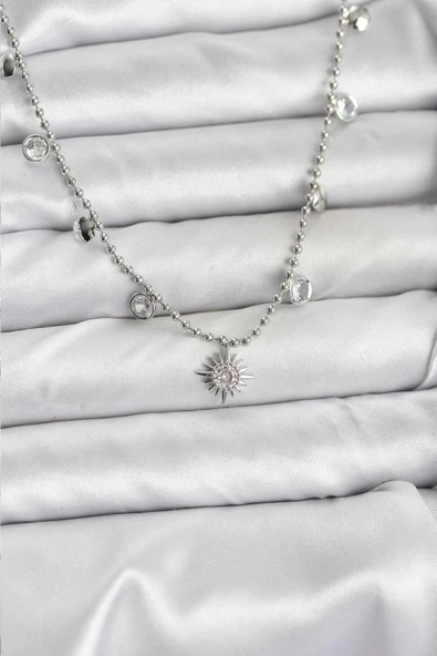 HEYF Zirkon Taşlı Kutup Yıldızı Model Pirinç Gümüş Renk Kadın Kolye ürün görseli 1