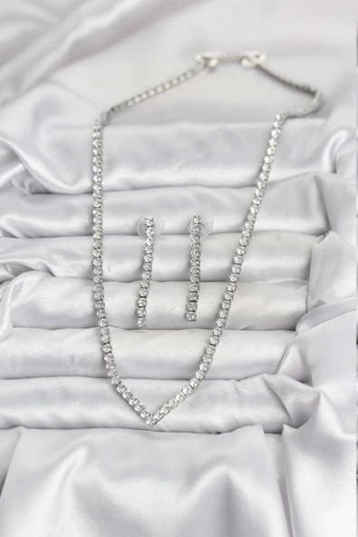 HEYF Gümüş Renk Zirkon Taşlı Kadın Kolye Küpe Seti - Resim 2