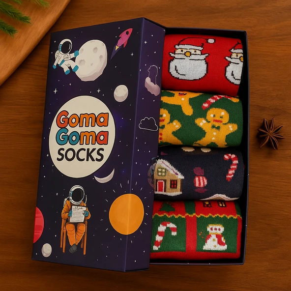 Goma Goma Socks Yılbaşı Temalı Noel Baba ve Kurabiye Desenli 4’lü Yılbaşı Çorap Seti - Resim 2