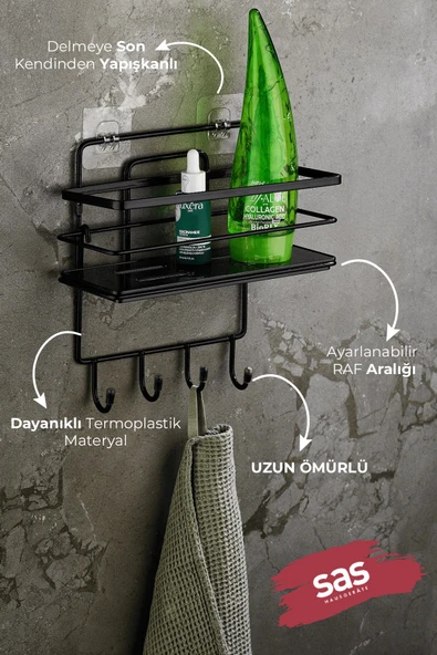4 Kancalı Yapışkanlı Ayarlanabilir Banyo Duş Rafı – Paslanmaz Kristal Şampuanlık (Yapıştır/Vidala) Siyah - LŞ-01 - SSSK - Resim 2