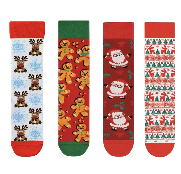 Goma Goma Socks Noel Baba, Geyik ve Zencefilli Adam Desenli 4’lü Yılbaşı Çorap Seti ürün görseli 1