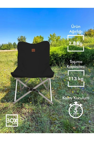 Box&Box Alüminyum Katlanabilir Kamp Sandalyesi, Piknik Sandalyesi, Taşıma Çantalı, Kumaş, Siyah - Resim 2