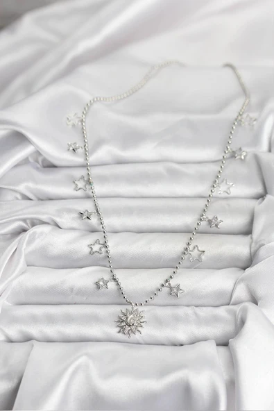 HEYF Pirinç Gümüş Renk Güneş Model Kadın Kolye - Resim 2