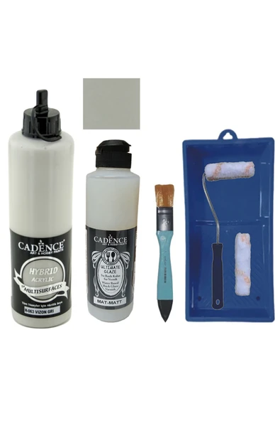 Mobilya Boyası-Cadence Multisurface H-063 Vizon Gri 500Ml Ultimate Vernik Mat 250Ml Saten Rulo Set ürün görseli 1