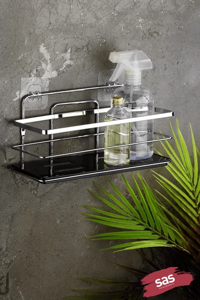 Yapışkanlı Ayarlanabilir Tekli Banyo Duş Rafı – Paslanmaz Kristal Şampuanlık, Banyo Düzenleyici (Yapıştır/Vidala) Krom-Siyah - LŞ-01 - KS ürün görseli