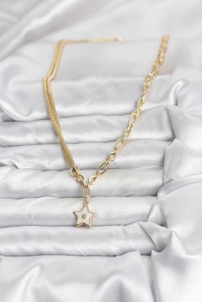 Gold Renk Pirinç Yıldız Model Kadın Kolye - TJ-BKO10639 - Resim 2